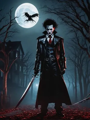 Edward Scissorhands, Freddy Krueger, horror, dark, Gothic, suburban, 1950s, mansion, inventor's son, pale skin, scissors for hands, leather suit, red eyes, ghostly, eerie atmosphere, foggy night, full