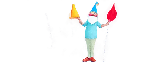 Happy birthday, garden gnome, solo, festive party hat, colorful balloons tied to hat, bright blue eyes, white beard, red nose, cheerful smile, holding cake with candles, standing on one leg, whimsical