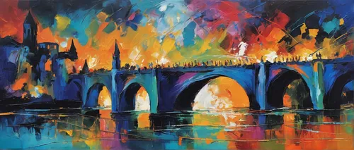 city in flames,pont d'avignon,rainbow bridge,illuminations,notre-dame,notredame de paris,hogwarts,colorful city,gaudí,oil pastels,oil painting on canvas,bridges,angel bridge,hohenzollern bridge,notre dame,abstract painting,art painting,sant'angelo bridge,cityscape,bridge,Conceptual Art,Oil color,Oil Color 20