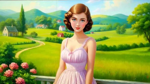 Romantic masterpiece oil painting, cute girl in short dress portrait, nostalgic 1950's style kitsch, southern plantation landscape, lush farmland scenery, by Thomas Kinkade, by Bob Ross,pressel,retro 