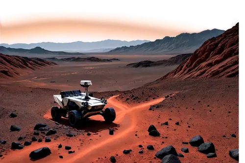 Mars planet, rocky terrain, barren landscape, crimson red soil, towering mountains, vast valleys, robotic rover, metallic surface, dusty atmosphere, dramatic lighting, low angle shot, cinematic compos