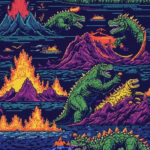 kaijuka,godzilla,dinos,spacegodzilla,ladinos,dinosaurs,baragon,fire background,kaiju,dragon fire,volcanos,alligator alley,gamera,apocalypse,terrax,vintage wallpaper,volcanoes,alligators,dragons,wallpaper,Unique,Pixel,Pixel 04