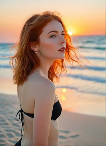 a red headed woman standing on top of a beach,beach background,bondi,rousse,ranga,redhead,saoirse,Photography,General,Realistic