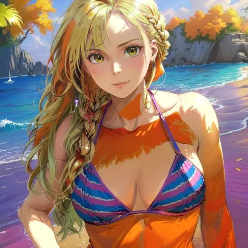 blond dreadlocks, striped bikini, elisabeth Hasselbeck,an image of a cartoon girl at the beach,sakamaki,beach background,cagli,summer background,karin,kke,Anime,Anime,General