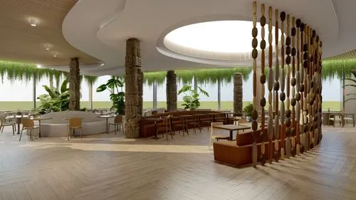 WHITE STONE MINIMALIST TOTEM POLES ,3d rendering,hotel lobby,breakfast room,lobby,eco hotel,render,seating area,beach restaurant,hotel riviera,interior modern design,dining room,crown render,3d render