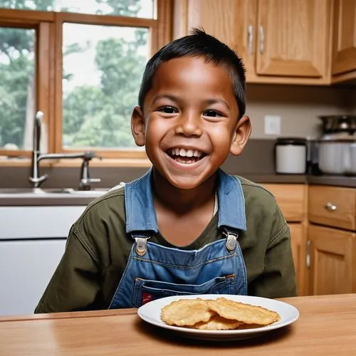 Wearing his denim overalls, a young and gleeful, dark brown skin Native American boy sitting at the kitchen table as he is about to eat the plate of fried bread in front of him. He is happy and gratef