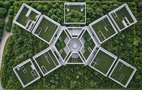 an aerial view of the complex, surrounded by trees,solar cell base,plant protection drone,solar photovoltaic,solar panels,solar panel,solar power plant,Unique,Paper Cuts,Paper Cuts 03