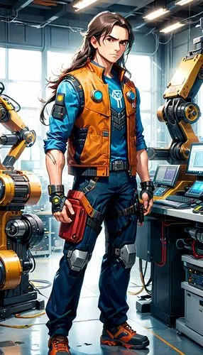 A realistic full-body portrayal of Forge, a Marvel character. He is a Native American man with an athletic build, wearing modern tactical attire that includes a vest full of various technological gadg