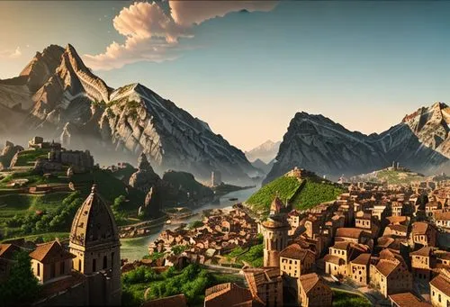 A medieval populous city on Venus, mountains on its right side and on its left side, panoramic view,northrend,alpine village,mountain village,transylvania,medieval town,meteora,mountain settlement,anc