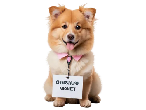 Cute canine, golden fur, fluffy ears, brown eyes, pink tongue out, sitting pose, front paws together, white collar with name tag, soft focus, warm lighting, shallow depth of field, 3/4 composition, re