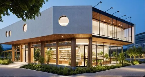 Making the pharmacy a welcoming space, but also an optimized and functional work tool for the teams,a building with circular lights inside it,modern house,modern architecture,modern building,contempor