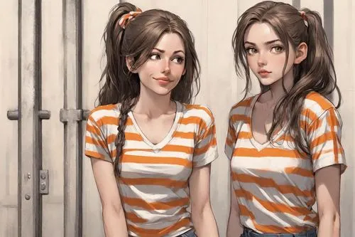 detention,two girls,prisoner,prison,bad girls,cells,arbitrary confinement,young women,handcuffed,offenses,cute cartoon image,chainlink,uniforms,horizontal stripes,captivity,in pairs,orange robes,locker,teens,pajamas,Digital Art,Comic