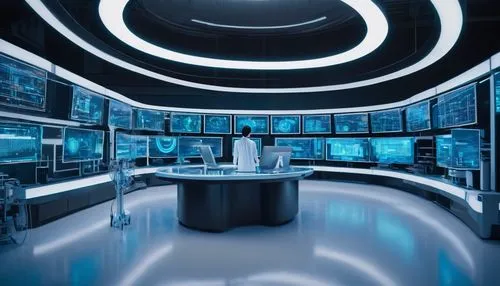 Modern futuristic laboratory interior, BFF (Big Flexible Fabric) layer architecture, sleek metallic framework, transparent glass walls, neon blue LED lights, rows of futuristic computer servers, holog