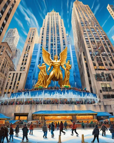 rockefeller plaza,rockefeller center,chrysler building,skycraper,ice skating,ice rink,radio city music hall,fantasy city,city fountain,world digital painting,ice castle,spider the golden silk,3d fantasy,elves flight,metropolis,ice skate,new york,sky city,fractalius,skating rink,Conceptual Art,Graffiti Art,Graffiti Art 09