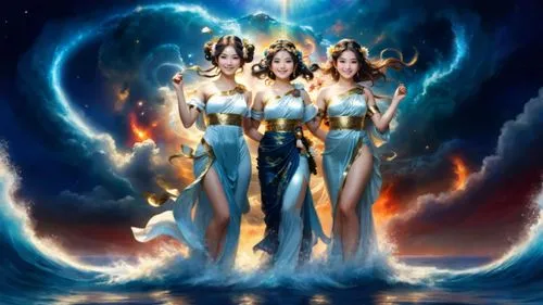 create a photo realistic image of three beautiful  Japanese very voluptuous goddesses. All three are floating in the void near a nebula in the back ground. All three females have beautiful angelic-lik