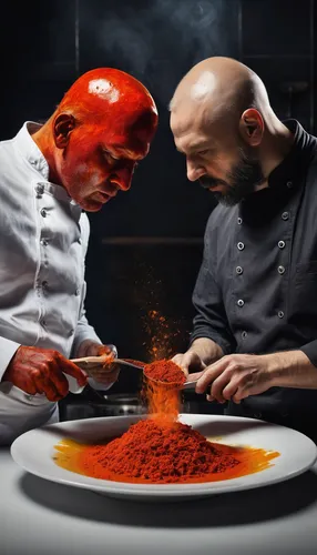 Create a dialogue between two chefs discussing the best ways to use cayenne in their dishes.,chef,red cooking,men chef,pappa al pomodoro,culinary art,pepper and salt,smoked paprika,paprika powder,gast