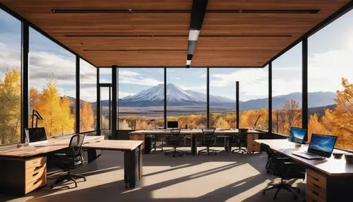 Modern architecture firm, Utah, mountainous background, glass building, wooden accents, steel structure, minimalist interior, sleek lines, natural light pouring in through floor-to-ceiling windows, co