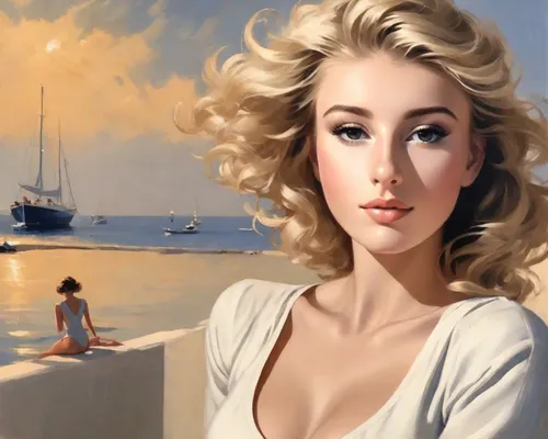 blonde woman,girl on the boat,the blonde in the river,oil painting,italian painter,marylyn monroe - female,art painting,world digital painting,girl on the river,blond girl,marylin monroe,photo painting,oil painting on canvas,blonde girl,the sea maid,romantic portrait,white lady,young woman,painting,painting technique