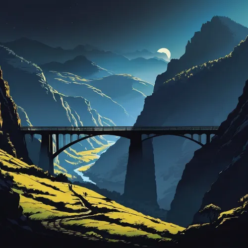 canyon,scenic bridge,futuristic landscape,mountain highway,mountain pass,valley,mountain road,bridge,highway bridge,sweeping viaduct,mountainous landscape,road to nowhere,bridges,devil's bridge,mountain landscape,the valley of the,hangman's bridge,humpback bridge,dragon bridge,valley of the moon,Illustration,Black and White,Black and White 31