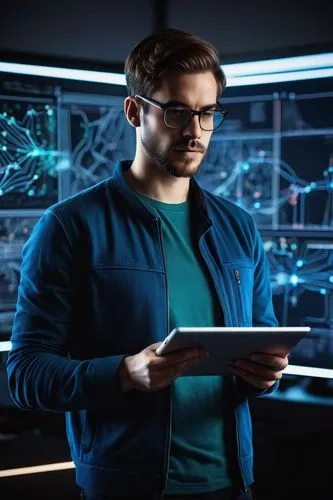 man with a computer,cybertrader,cyber glasses,technologist,cybernet,computerologist,blur office background,genocyber,datamonitor,harnecker,cyberathlete,techradar,statistician,cios,cybercriminals,supercomputers,cyberoptics,cryptographer,cyberview,technological,Illustration,Realistic Fantasy,Realistic Fantasy 36