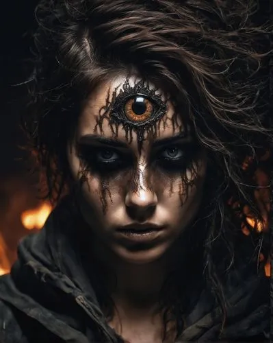 fire eyes,black eyes,gorgon,katniss,women's eyes,shaman,artemisia,dark art,the enchantress,the witch,evil eye,orange eyes,medusa,eye,yellow eyes,eyes makeup,cyborg,all seeing eye,golden eyes,warrior woman,Conceptual Art,Fantasy,Fantasy 33