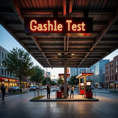 Urban gas station, industrial chic, metallic accents, neon signage, bold typography, concrete flooring, steel beams, modern LED lighting, sleek fuel pumps, urban landscape, cityscape views, busy stree