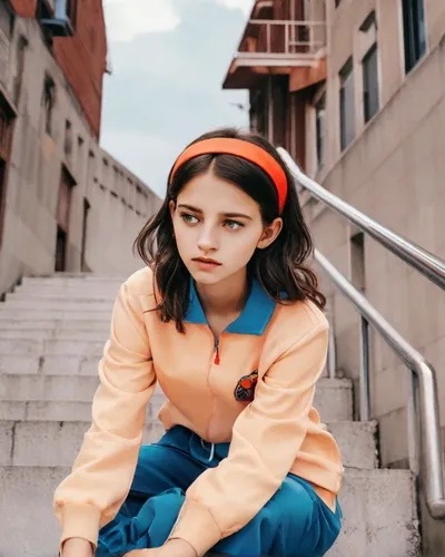 1girl,orange shoes,solo,sitting,sky,clouds,outdoors,black hair,bird,upward view,blue sky,white socks,daytime,orange jacket,building,long sleeves,leaves,long hair,stairs,red headband,pump Rope,headband