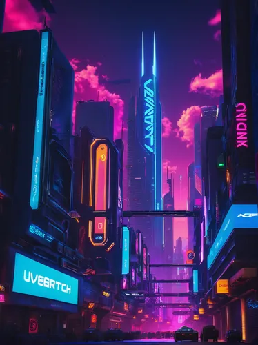 ultraviolet,cyberpunk,futuristic landscape,colorful city,urban,futuristic,fantasy city,metropolis,uiverso,utopian,cityscape,neon arrows,cyberspace,shinjuku,aesthetic,80's design,vapor,neon,underground,scifi,Conceptual Art,Sci-Fi,Sci-Fi 26