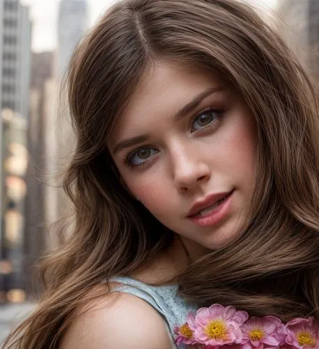 a portrait half body of a caucasian girl 25 years old brown hair stand up dressing in a flowered dress New York as background in 4k,beautiful young woman,pretty young woman,portrait photographers,beau