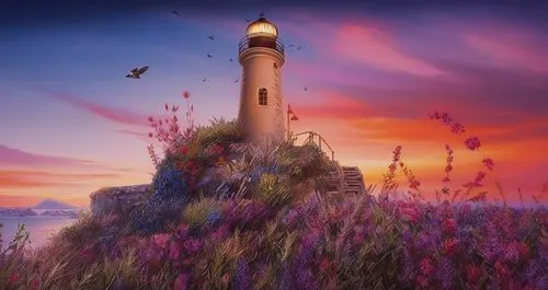 fairy chimney,lighthouse,petit minou lighthouse,light house,electric lighthouse,fantasy picture,fantasy landscape,red lighthouse,purple landscape,world digital painting,fantasy art,the lavender flower,flower in sunset,point lighthouse torch,splendor of flowers,murano lighthouse,landscape background,splendid colors,lavenders,south stack,Illustration,Paper based,Paper Based 04