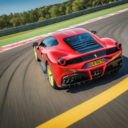 corrida de carro  pista com grama verde do lado cidade ao fundo   , Ferrari vermelha  e Ferrari  amarela disputando corrida , inspirado no jogo top gear ,ferrari 488,ferrari 488 gtb,ferrari 458 specia