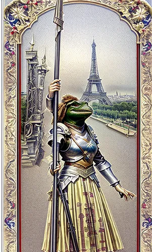 
the eiffel tower in the background,joan of arc,encarte,paris clip art,vintage french postcard,art nouveau frame,saint michel,paris,french valentine,quarterstaff,épée,miss circassian,france,angel moro