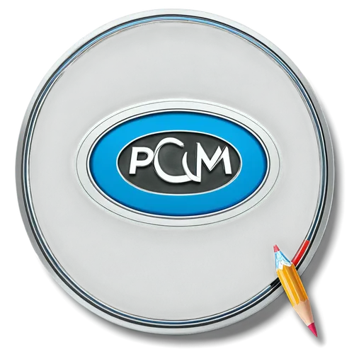 PCM logo, circular shape, silver metal, 3D effect, glossy finish, modern design, bold font, italicized text "PCM", metallic texture, reflective surface, centered composition, soft box lighting, high c