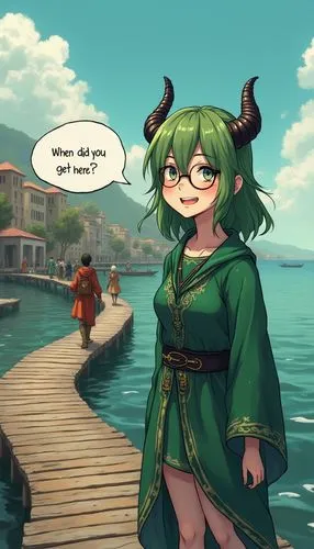 Draw in anime style: a long curved wooden dock that curves into the distance with a byzantine city in the background. the people in the background are wearing Byzantine clothing. A nerdy, glasses-wear