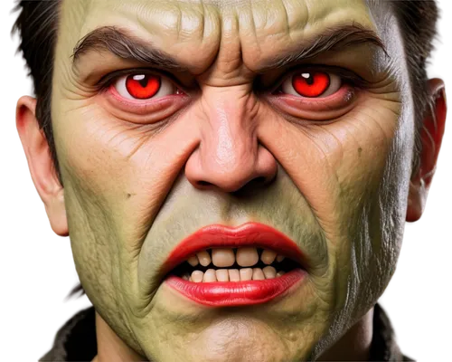 Ogre face, green skin, wrinkled forehead, sharp teeth, glowing red eyes, thick eyebrows, flat nose, angry expression, messy brown hair, scars on cheeks, rough texture, close-up shot, dramatic lighting