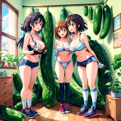 watermelons,swimsuits,idolmaster,summer clothing,mios,euphonious,melons,imas,bloomers,keijo,yanmei,onsen,water sports,group photo,philodendrons,cucumbers,ushio,chayote,tankettes,trio,Anime,Anime,Realistic