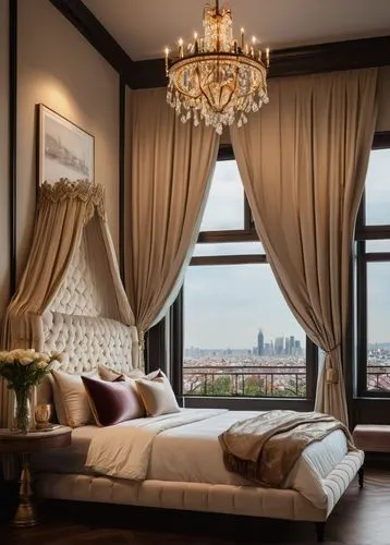 Modern luxurious bedroom, high ceiling, elegant chandelier, cream walls, dark wood flooring, queen-sized bed with velvet upholstery, golden frame, soft pillows, lace canopy, bedside table lamp, flower