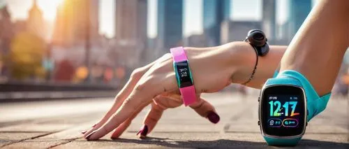 Fitness tracker, smartwatch, sleek design, metallic body, touchscreen display, colorful straps, athletic woman, fit physique, sporty outfit, running shoes, earbuds, urban background, cityscape, mornin