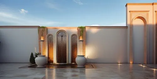 new classic brown fountain design ,a white building with columns and arched doorways and two potted plants in front of it,al nahyan grand mosque,abu dhabi mosque,baladiyat,mihrab,saadiyat,amanresorts,