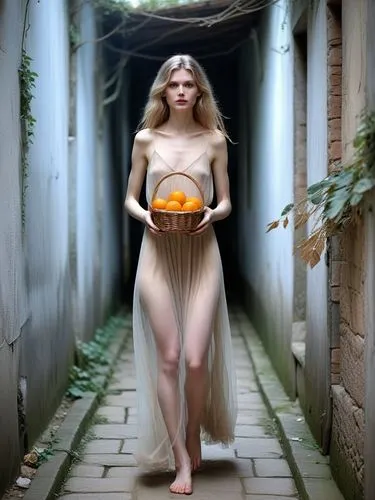 The picture shows a young skinny woman with long, platinum blonde hair standing in a narrow, dark corridor or street. There is a gloomy, mysterious atmosphere. The woman is wearing a long, fully trans