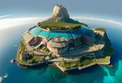 a small island has a huge blue pool and an island in the middle,malaparte,lavezzi isles,island suspended,flying island,islet,isole,Photography,General,Realistic