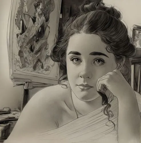 an artist in her atelier,elizabeth taylor,vintage drawing,vintage female portrait,portrait of a girl,elizabeth taylor-hollywood,digital drawing,girl portrait,digital painting,woman portrait,portrait o