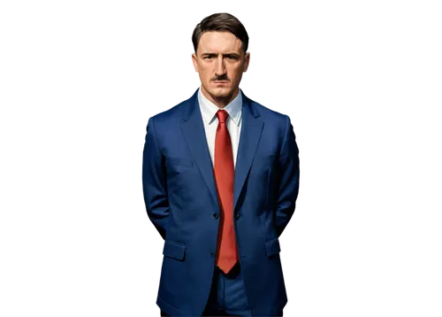 Hitler dibujo, muscular man, serious expression, short brown hair, brown eyes, thick eyebrows, white shirt, black tie, dark blue suit, formal wear, standing pose, hands behind back, strong jawline, re