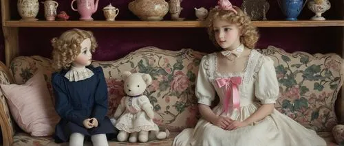 Porcelain-like skin, rosy cheeks, blue eyes, blonde curly hair, lace-trimmed socks, white dress with pink ribbon, Mary Jane shoes, sitting on a velvet couch, antique toys scattered around, vintage dol