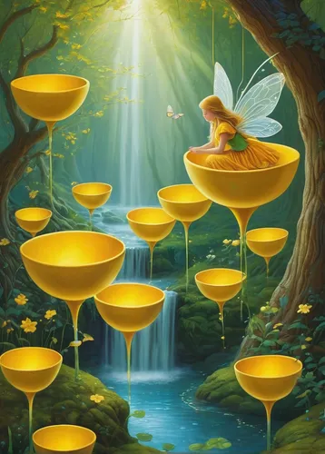 Transport your readers to a magical land where fairies drink from golden yellow cups.,yellow cups,fairies aloft,bird bath,elves flight,pedalos,flying seeds,lily pads,fairy forest,fantasy picture,mushr