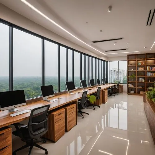 Modern Trivandrum architecture firm, spacious open office, minimalistic interior design, large glass windows, natural light pouring in, wooden desks, ergonomic chairs, potted plants, sleek laptops, ro