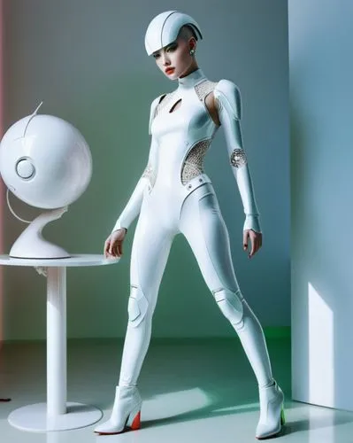 full body crop fashion page,a robot girl super model with futuristic look and white glossy outfit, eyes looking at viewer, glossy props, collarbone, vivid color, hi-tech designed props for helmet, rea