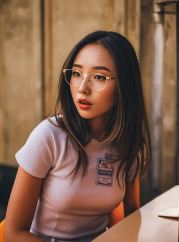 asian girl,asian vision,silver framed glasses,vietnamese,asian woman,reading glasses,with glasses,girl in t-shirt,two glasses,glasses,vintage asian,librarian,asian,phuquy,portrait background,korean,pink glasses,barista,color glasses,vietnamese woman,Unique,3D,3D Character