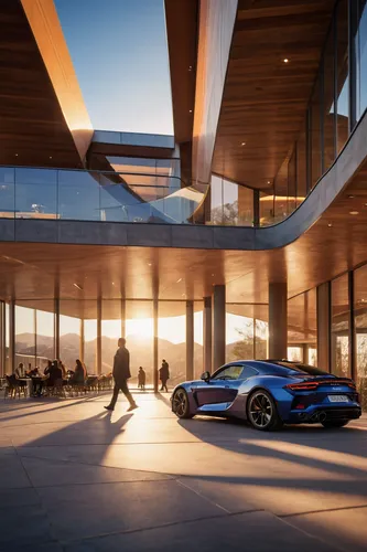 photorealistic, canon EOS 5d, modern library building, geometric shaped outline, expert, dramatic lighting, lighting effects, walking crowd, realism sunlighting, sunset, car tail lightings,mclaren aut