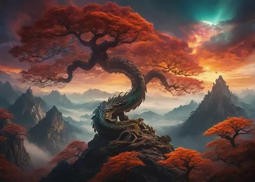 Fantasy scene, mystical atmosphere, dreamy clouds, floating islands, shimmering stardust, glowing nebula, majestic dragon, scales in iridescent colors, fiery breath, powerful wingspan, regal pose, anc